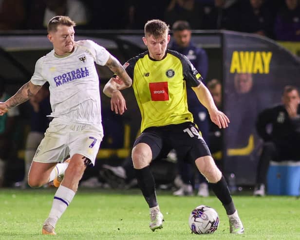 Matty Daly on the attack for Harrogate Town during Tuesday night's 1-0 home defeat to AFC Wimbledon. Pictures: Matt Kirkham