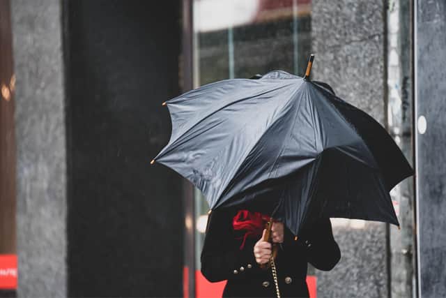 A woman with an umbrella.