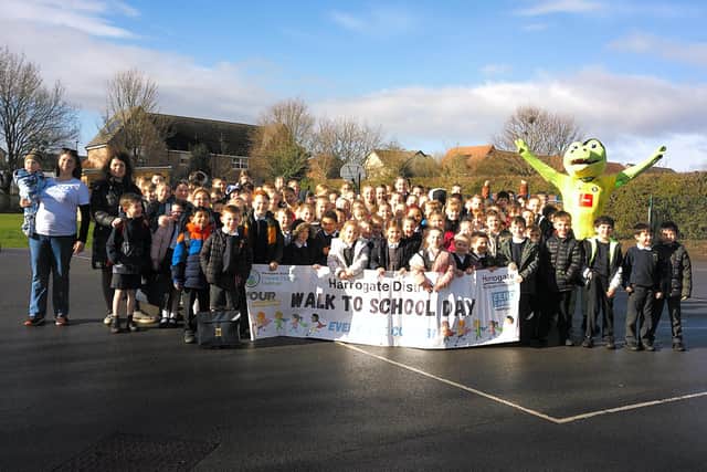 Children at Killinghall Primary School were joined by Harrogate Town AFC mascot Harry Gator for Walk to School Day
