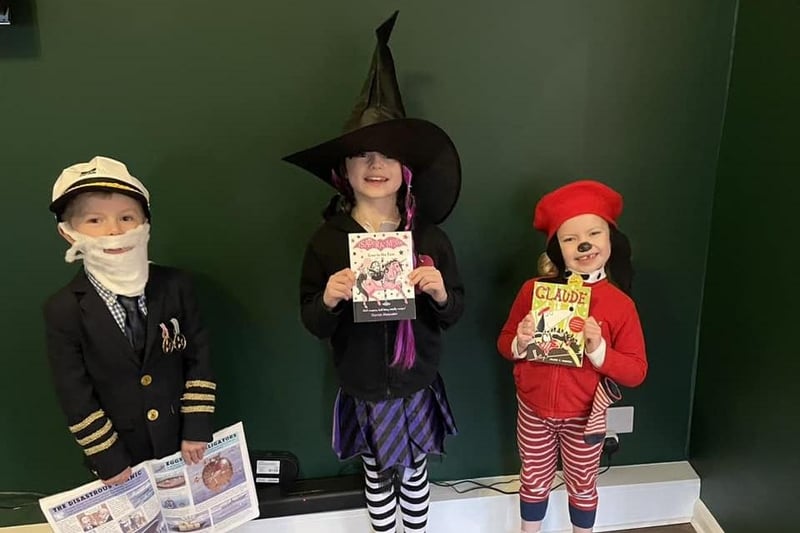 Theo (aged five), Olivia (aged seven) and Lucy (aged five) dressed up as Captain Smith, Mirabelle and Claude