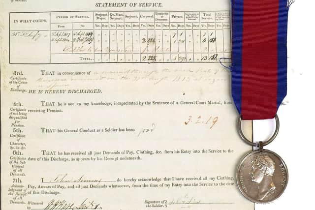 Waterloo Medal 1815 – sold for £3,500. This was awarded to John Sims of the 51st Regiment Light Infantry, and was accompanied by a copy of his Statement of Service which detailed his 11 years of service and details of discharge as a consequence of a wound received at Lizaco, Spain, during the Peninsular War.
