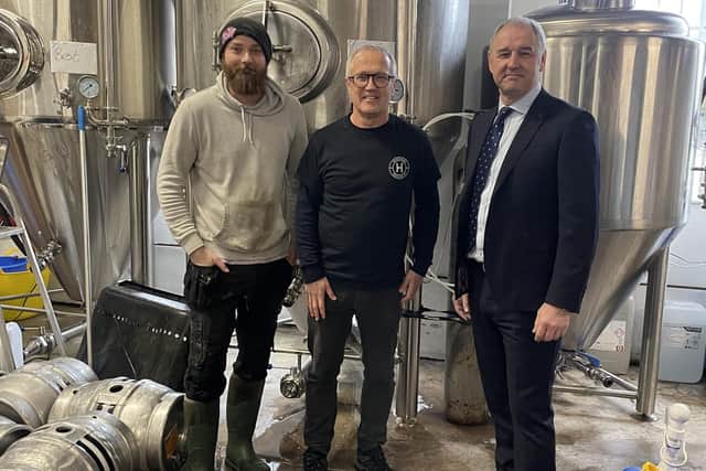 Matthew Joyce, Sales manager at Harrogate Brewing Co, Joe Joyce, Owner at Harrogate Brewing Co, and Gary Nash, Operations Director at 4Life Wealth Management who are title sponsors of this year’s Henshaws Beer Festival.