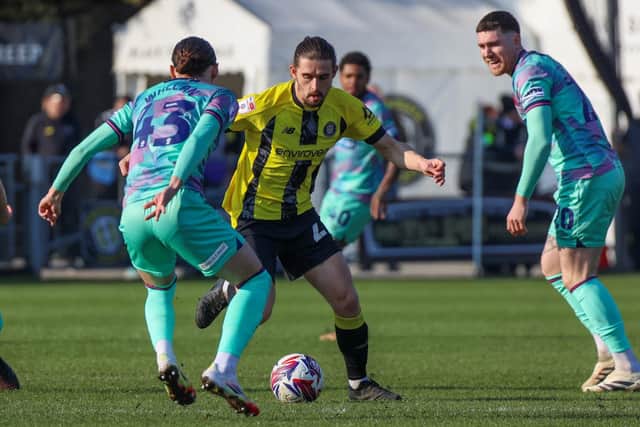 Harrogate Town midfielder Ben Fox on the attack during Saturday's 1-0 home win over Carlisle United.