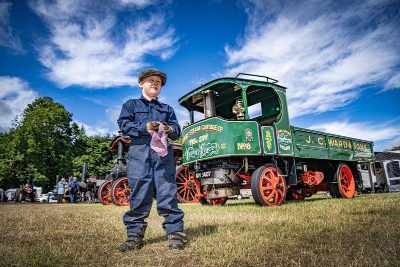 Six-year-old Alfie Ward with his 1916 Sentinel steam wagon