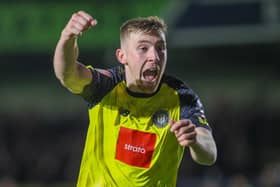 Matty Daly celebrates after netting Harrogate Town's third goal during Saturday's 3-1 home win over Notts County. Pictures: Matt Kirkham