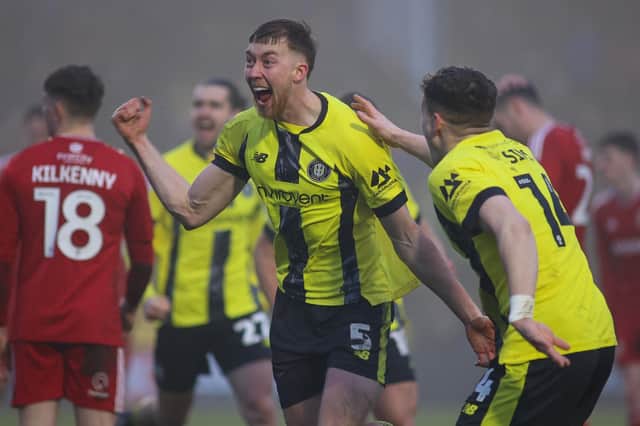 Jasper Moon celebrates after handing Harrogate Town a 53rd-minute lead against Swindon at Wetherby Road. Pictures: Matt Kirkham