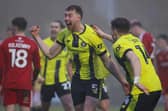 Jasper Moon celebrates after handing Harrogate Town a 53rd-minute lead against Swindon at Wetherby Road. Pictures: Matt Kirkham