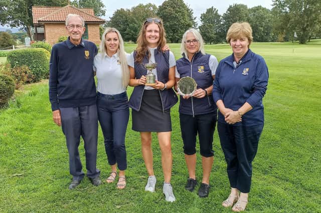 Harrogate & District Union treasurer Roger Knight , left, with Bedale GC's Karolina Aurelius, Hannah Bowe, Sally Hunt and Gill Petrie. Picture: Submitted