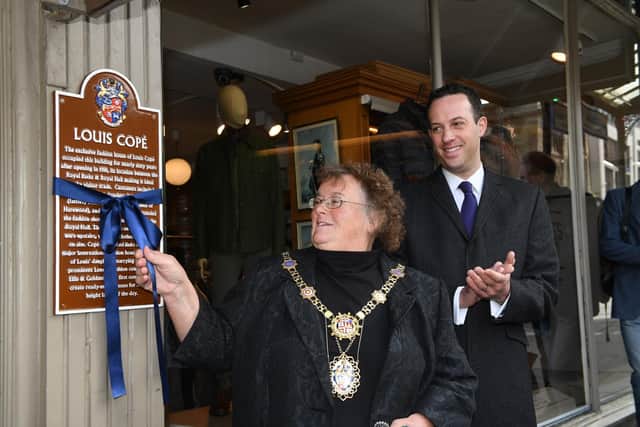 Official unveiling of historic plaque - Mayor of Harrogate Coun Victoria Oldham at the ceremony with Louis Copé great grandson, Alex Goldstein.