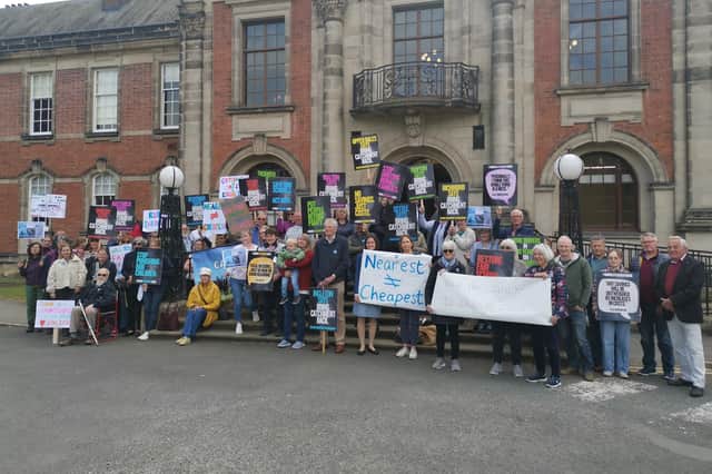 Campaigners outside County Hall ahead of the meeting. PHOTO: LDRS.