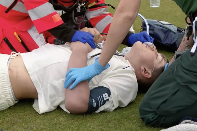 Rescued by Yorkshire Air Ambulance - Fifteen-year-old, Brendan Jackson, from Masham, was in the middle of a game at Walton Park Cricket Club, near Wetherby, in April this year when his studs caught in the crease. (Picture contributed)