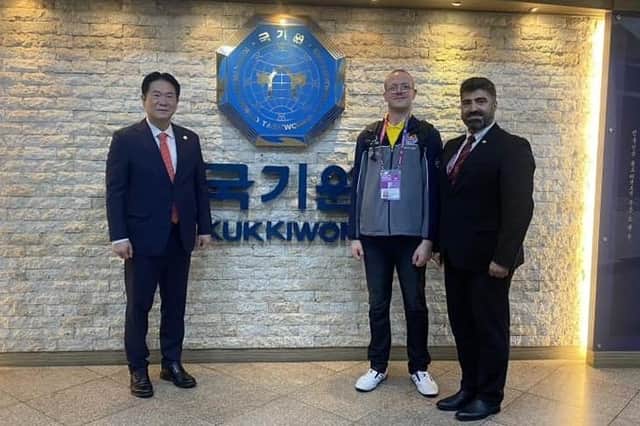 Harrogate taekwondo aces Aaron Leith, centre, and Master Kambiz Ramzan Ali, right, recently visited South Korea. Picture: Submitted