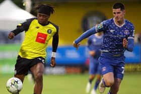 Sam Folarin on the attack during Harrogate Town's Carabao Cup win over Carlisle United. Pictures: Matt Kirkham