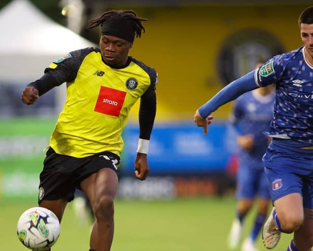 Sam Folarin on the attack during Harrogate Town's Carabao Cup win over Carlisle United. Pictures: Matt Kirkham