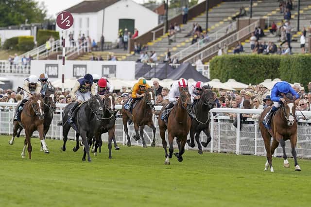 Mischief Magic, right, on his way to winning the British Stallion Studs EBF Maiden Stakes during day one of the Qatar Goodwood Festival at Goodwood Racecourse on July 26, 2022. Picture: Getty Images