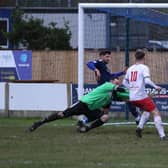 Kieran Greenway finishes from close range to give Harrogate Railway an early lead in their NCEL Division One clash at Retford. Picture: Craig Dinsdale