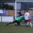 Kieran Greenway finishes from close range to give Harrogate Railway an early lead in their NCEL Division One clash at Retford. Picture: Craig Dinsdale