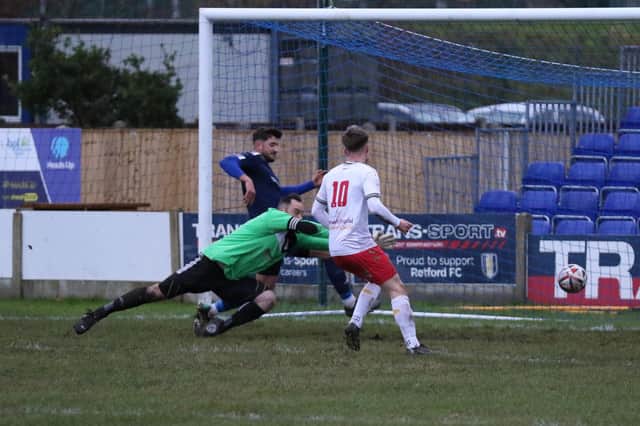 Kieran Greenway finishes from close range to give Harrogate Railway an early lead in their NCEL Division One clash at Retford. Picture: Craig Dinsdale