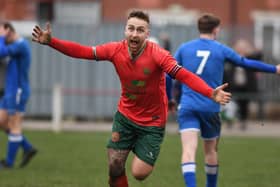 Dan McDaid celebrates after netting Harrogate Railway's last-gasp winner during Saturday's 2-1 home success over Horbury Town. Pictures: Gerard Binks