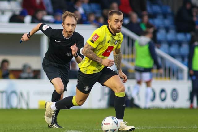 Alex Pattison on the attack during Harrogate Town's 3-1 FA Cup defeat at Hartlepool United.