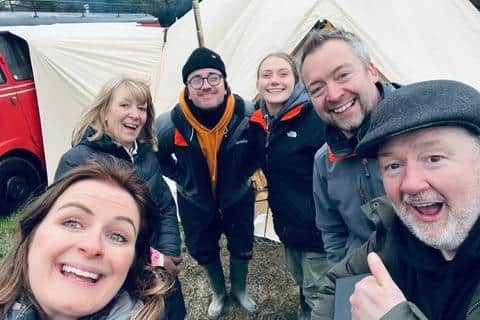 Carry on Glamping on Channel 4 TV: Harrogate business owners Sarah and James Martin with comedian Jonny Vegas, their Glampfest events team staff - and James’s mum. (Picture contributed)