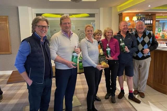 Pannal GC's 2023 Hangover Trophy winners the Booths and the Dunns with Men's Captain Lindsay Mckenzie and comeptition creators Sue Rutherford and Ian Shay. Picture: Submitted