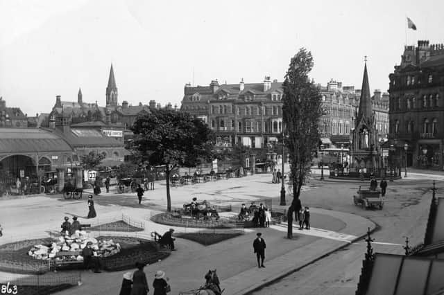 Harrogate's Station Square with the monument and gardens in 1913