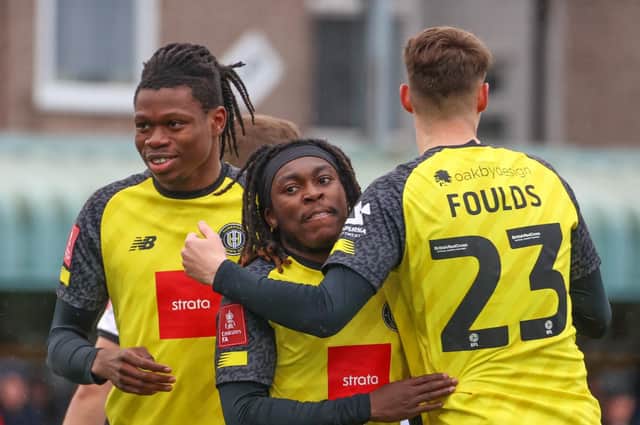 Sam Folarin, Abraham Odoh and Matty Foulds were all on target during Harrogate Town's FA Cup first-round win over Marine. Pictures: Matt Kirkham
