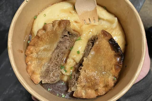 The steak pie, mash and gravy sold at Harrogate Town has gone viral on Twitter (Credit: Matt Salmons)