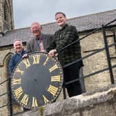 Victorian church clock restored in Knaresborough village - From left, account director at Allerton Waste Recovery Park, Colin Fletcher, Coun Robert Windass, and the warden of St Bartholomew's Church, Robyn Cox.