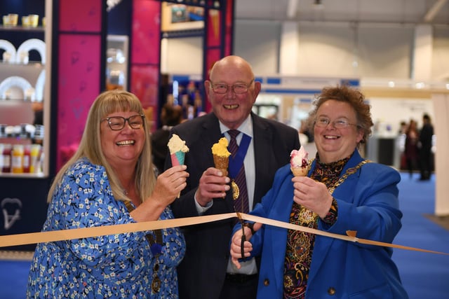 Katy Alston (President of Ice Cream Alliance), Councillor Robert Windass (Harrogate Deputy Mayor) and Harrogate Mayor Councillor Victoria Oldham cutting the ribbon to open the show