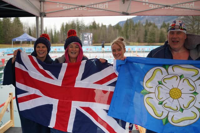 IISA World Championship in the French Alps. - British ice swimming team members Lara Fawcett, Jacqui Hargrave (far left),  Emily Smales and Jonty Warneken. (Picture credit Marketing Adventures)