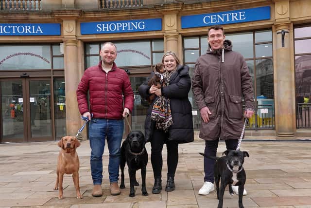 Pictured from left are Labradors Sunny and Bear, Sausage Dog Frank and Staffie Cody, with Your Harrogate’s Nick Hancock,  Harrogate BID Marketing and Business Executive Bethany Allen, and Harrogate BID Manager Matthew Chapman.