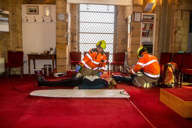 Verger Lucinda Taylor was strapped onto a stretcher and lowered 15 metres down to the cathedral floor from a trap door in the ringing room