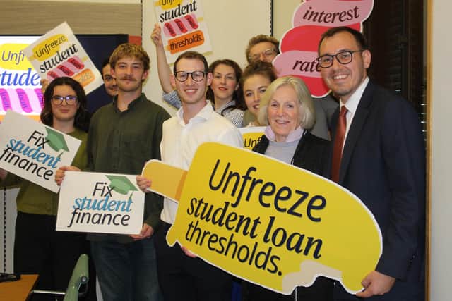 Student loans battle - Harrogate and Knaresborough MP Tom Gordon, right. and Tessa Munt MP with representative from the Young Liberals (Will Tennison and Sarah Andreson NUS (Lewis Wilson), Rethink Repayment (Adam Isaacs) , Good Growth Foundation (Billie Coulson).