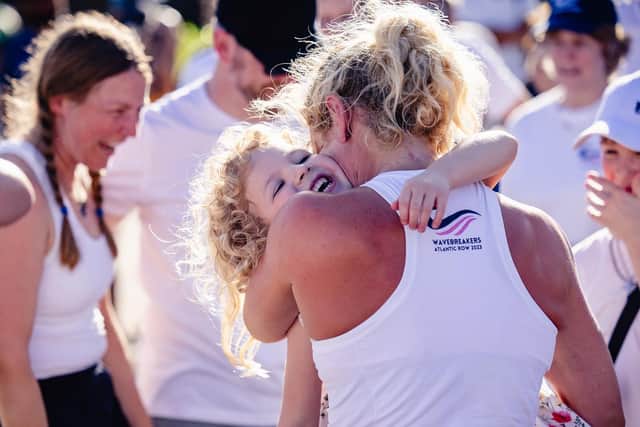 The trio, Bobbie Mellor, Hatty Carder and Katherine Antrobus completed the 3,000-mile rowing race in 40 days, 10 hours and 51 minutes. Credit: World’s Toughest Row