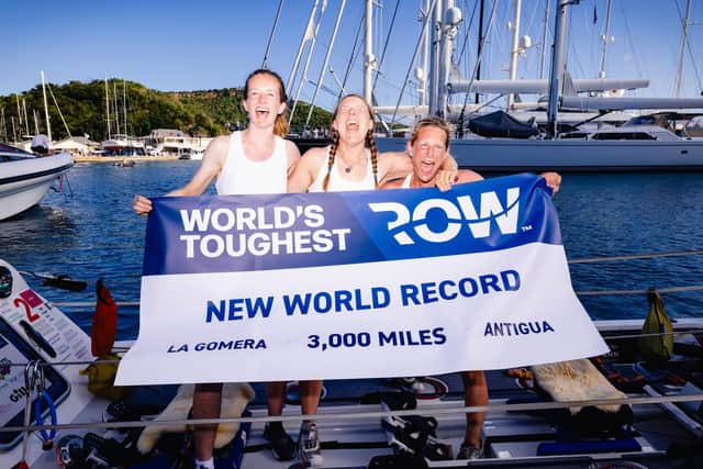 Bobbie Mellor, Hatty Carder and Katherine Antrobus set a new world record fas the fastest female trio ever to complete the event  Credit: World’s Toughest Row