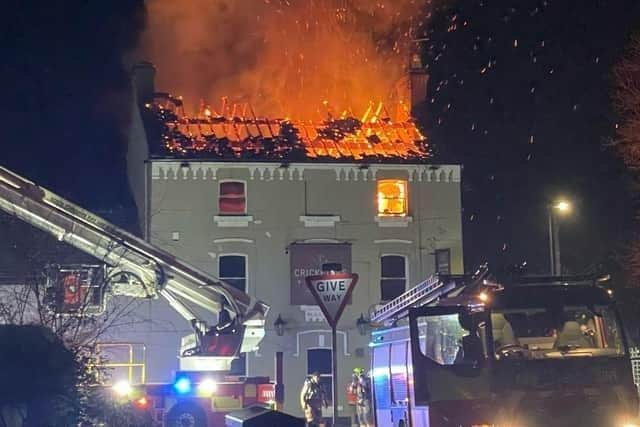 Firefighters from Knaresborough, Harrogate, Acomb, Tadcaster, Ripon and Wetherby tackle the blaze at The Cricketers pub.