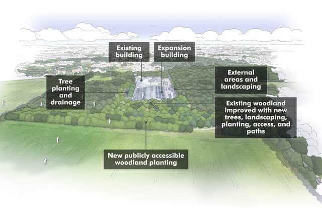 An artist's impression showing Harrogate Spring Water's revised version of its expansion plans including a new woodland and accessible green space open to the public. (Picture contributed)