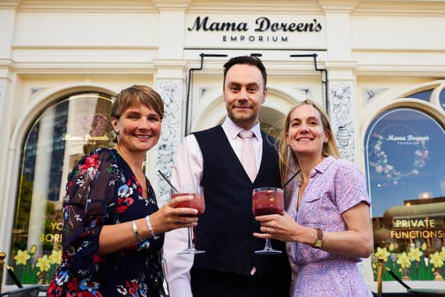 Charlotte Holmes, Marketing Manager of Harrogate Spring Water, right, with, from left, Harrogate influencer Lucy Playford, aka the Harrogate Mama, and Ian Pilcher, Business Development Manager at Mama Doreen’s cafe.
