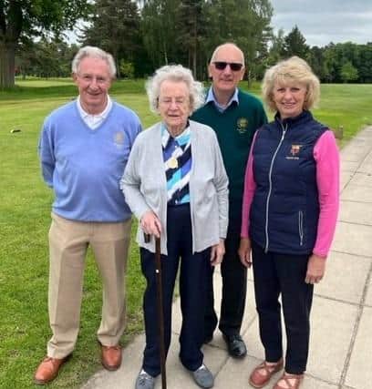 Sheila Haffey, second from left, with Harrogate GC president Ian Glover, men’s captain David Underwood & ladies captain Charlotte Franks. Picture: Submitted