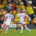 Bobby Faulkner climbs highest to win a header during Harrogate Town's 1-0 home defeat to Crawley. Picture: Matt Kirkham