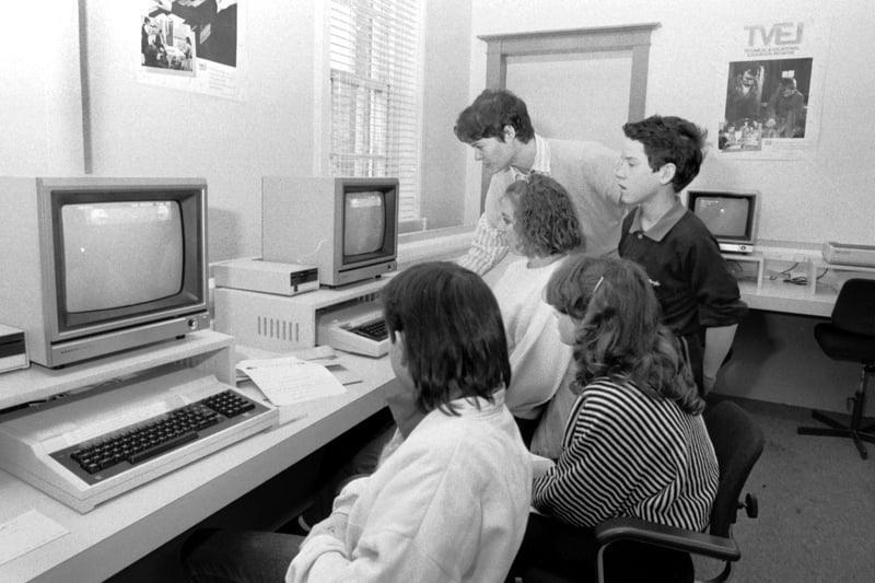 Children at Tynecastle secondary school in Edinburgh using their new BBC computers in November 1987.