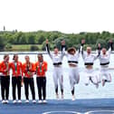 Gold medalists Lauren Henry, Hannah Scott, Lola Anderson and Georgina Brayshaw of Team Great Britain celebrate at the Rowing Women's Quadruple Sculls medal ceremony on day five of the Olympic Games Paris 2024. Picture: Francois Nel/Getty Images