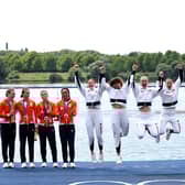 Gold medalists Lauren Henry, Hannah Scott, Lola Anderson and Georgina Brayshaw of Team Great Britain celebrate at the Rowing Women's Quadruple Sculls medal ceremony on day five of the Olympic Games Paris 2024. Picture: Francois Nel/Getty Images