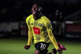 Kazeem Olaigbe celebrates after netting a stunning strike to put Harrogate Town two goals up against visiting Walsall on Tuesday evening. Picture: Harrogate Town AFC