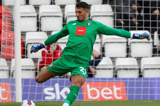 Harrogate Town goalkeeper Pete Jameson clears his lines during Saturday's 1-0 defeat at Stevenage.