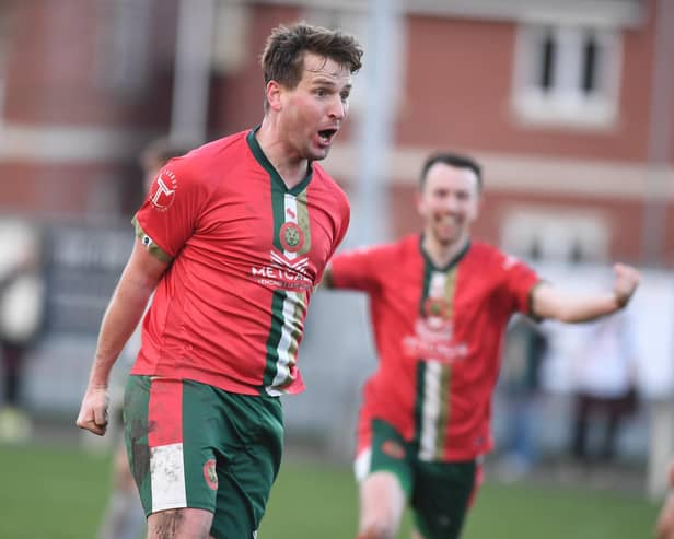 Harrogate Railway defender Mike Morris can't hide his delight after netting a 99th-minute equaliser against Brigg Town. Pictures: Gerard Binks