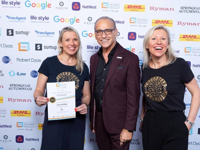 Lucy Bulmer and Clare Bulmer, sisters and co-owners of Harrogate fashion brand Luce and Bear, receive their certificate from Theo Paphitis at the annual Small Business Sunday winners’ event