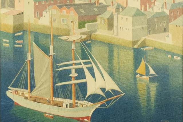 A section from the painting by Joseph Southall, Fowey Harbour with White Barque – estimate: £8,000-12,000